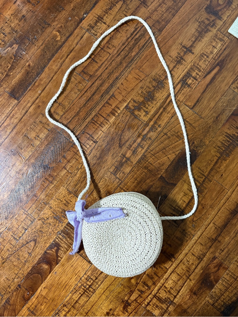 Round Woven Crossbody Bag with Purple Accent
